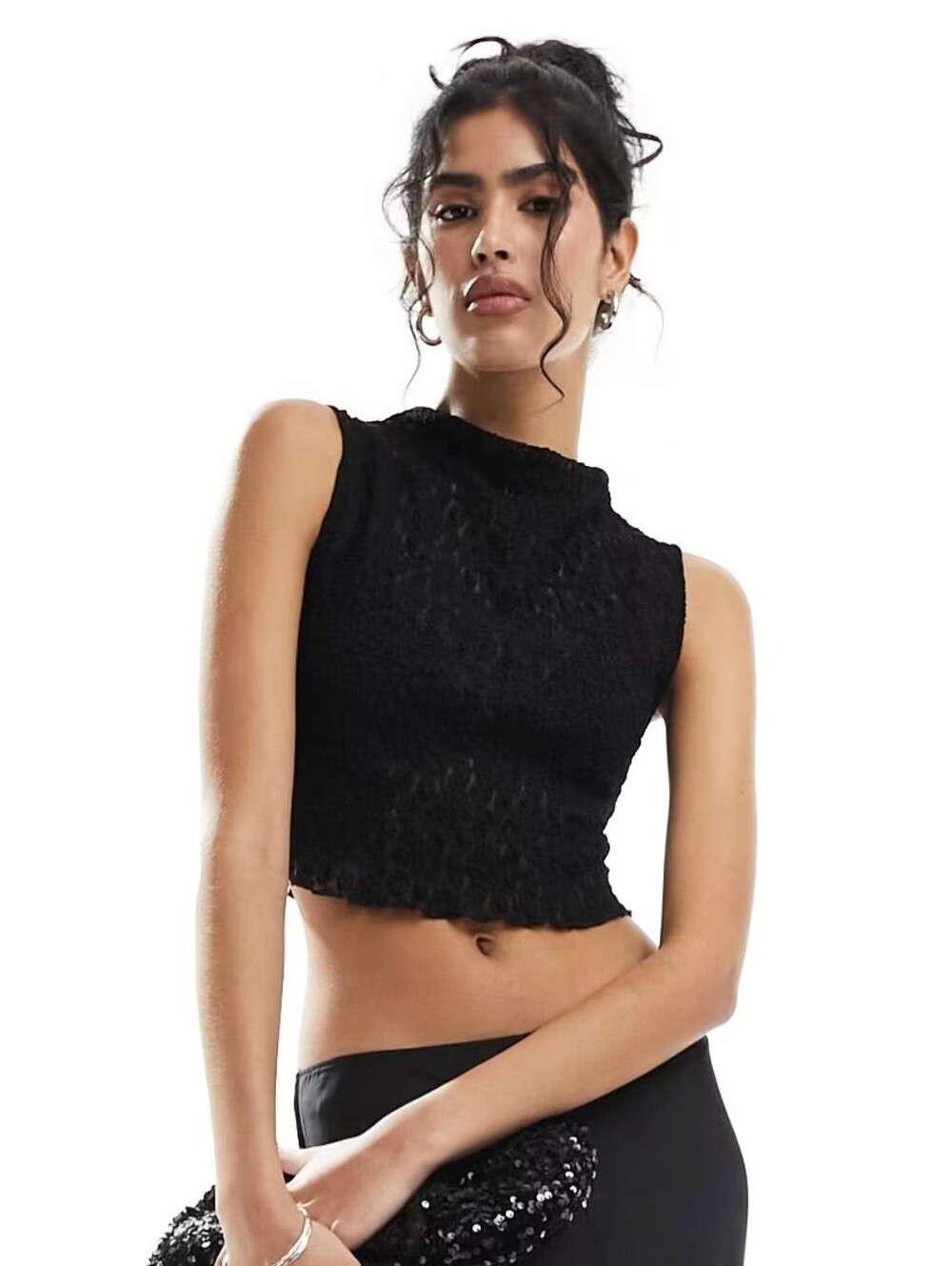 Mock-Neck Black Lace Crop Top